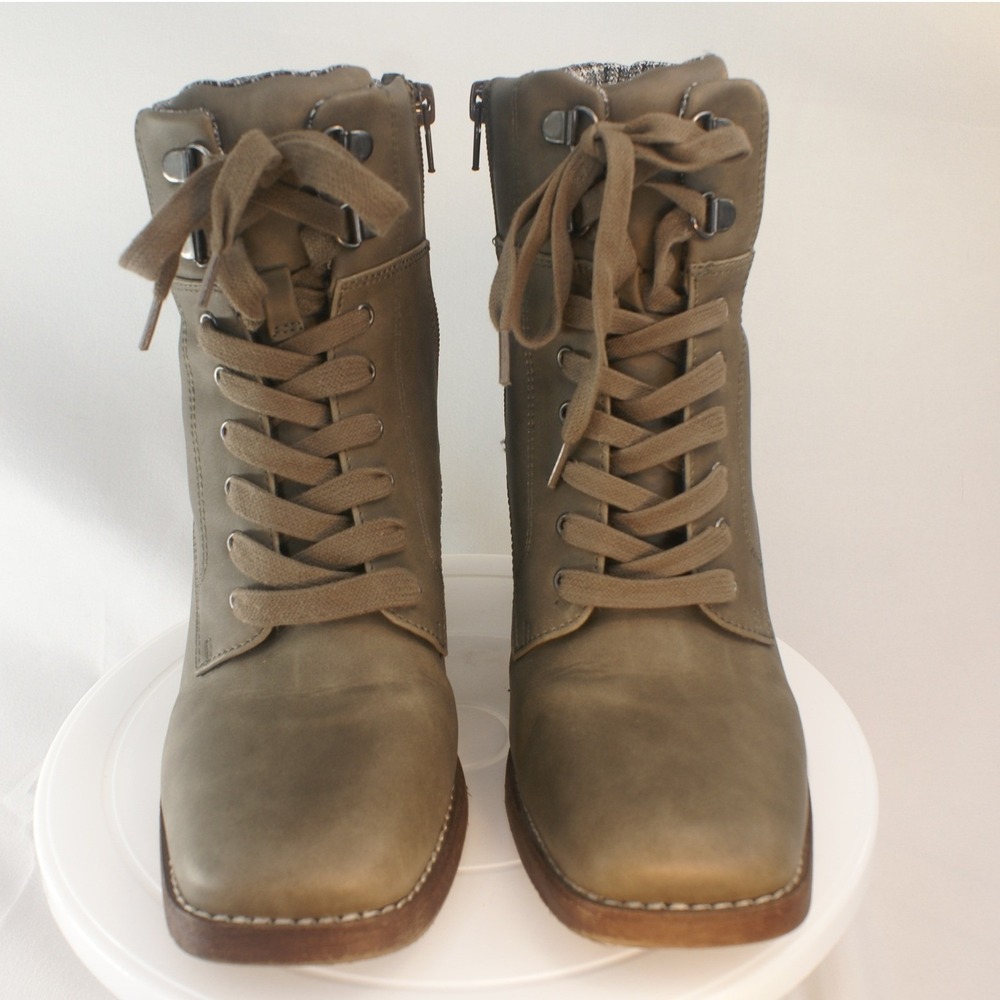 Crown‎ Vintage Womens Lace Up Side Zip Ankle Boots Olive Taupe Square Toe 8.5M